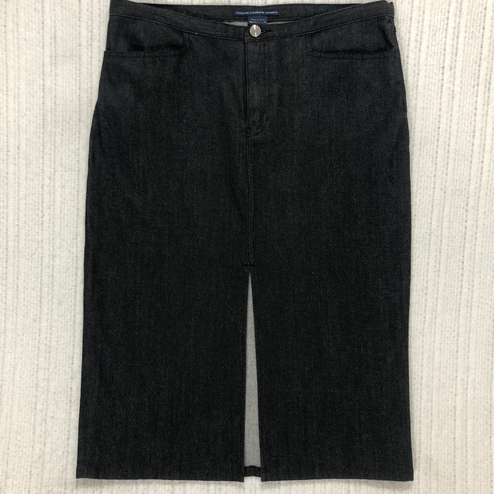 Ralph Lauren Sport Dark Wash Black Denim Midi Pencil Skirt Front Slit Size 10